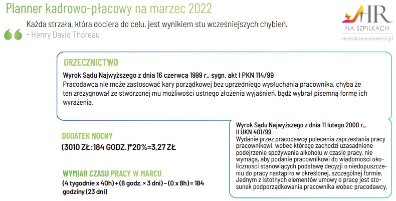 kadry i płace marzec 2022 obowiązki planner dodatek nocny wymiar czasu pracy orzecznictwo