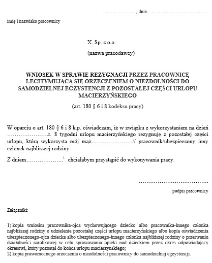 Rezygnacja z części urlopu macierzyńskiego matki z orzeczeniem o niezdolności do samodzielnej egzystencji - wniosek wzór