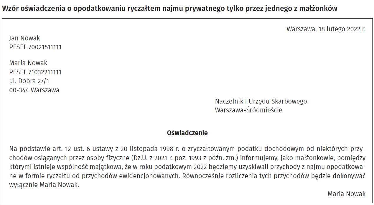 Wzór oświadczenia o opodatkowaniu najmu prywatnego ryczałtem tylko przez jednego z małżonków