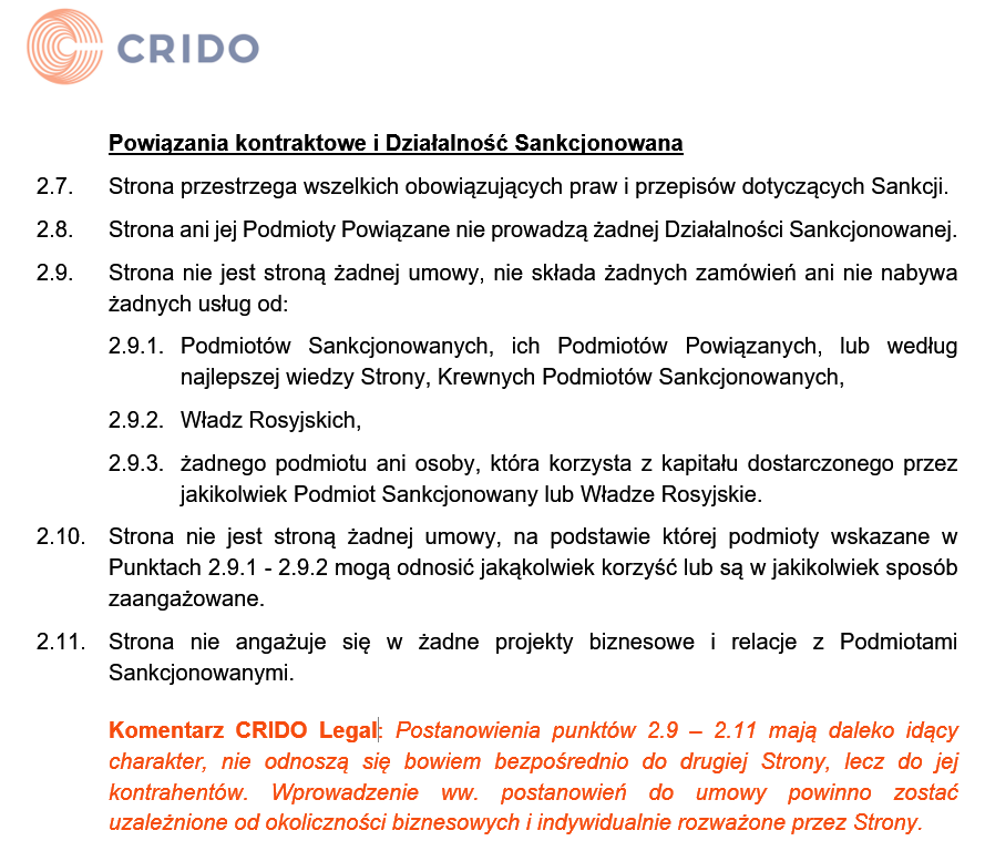 Klauzule umowne dotyczące wojny w Ukrainie - powiązania kontraktowe i działalność sankcjonowana (CRIDO)