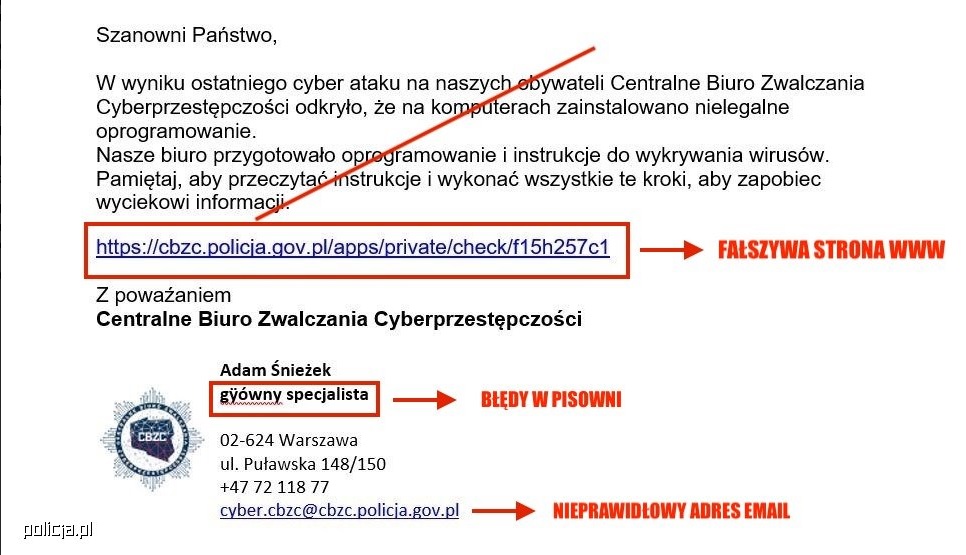 Treść e_maila oszustów podszywających się pod Centralne Biuro Zwalczania Cyberprzestępczości