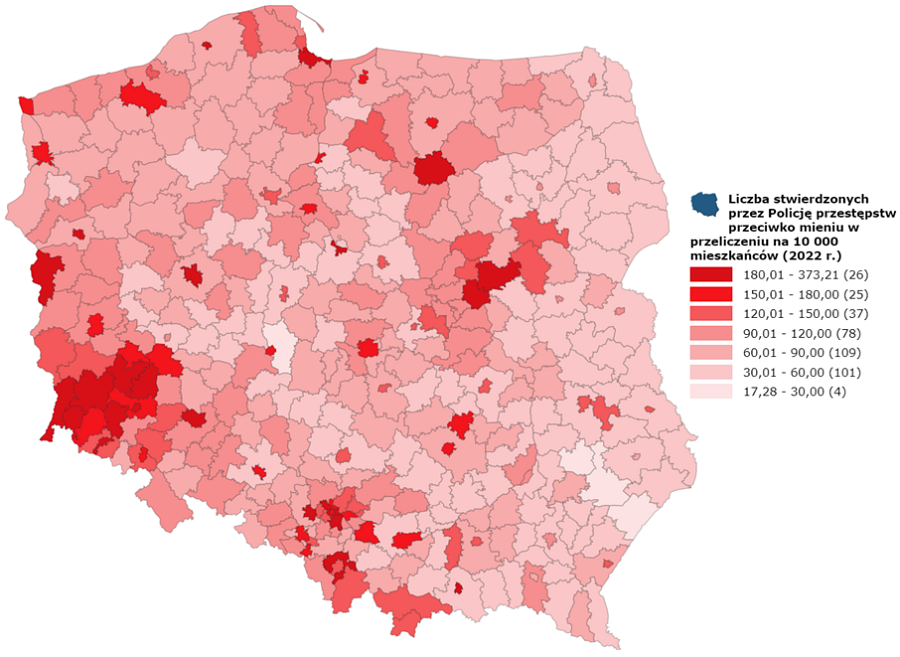 Mapa - liczba stwierdzonych przez Policję przestępstw przeciwko mieniu - na 10000 mieszkańców w 2022 roku - opracowanie własne Unilink na podstawie danych GUS