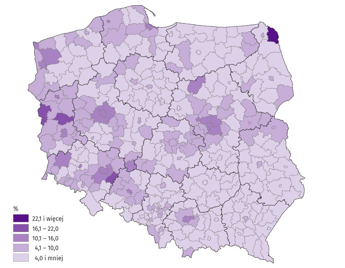 Mapa 1. Udział cudzoziemców w ogólnej liczbie wykonujących pracę w powiatach