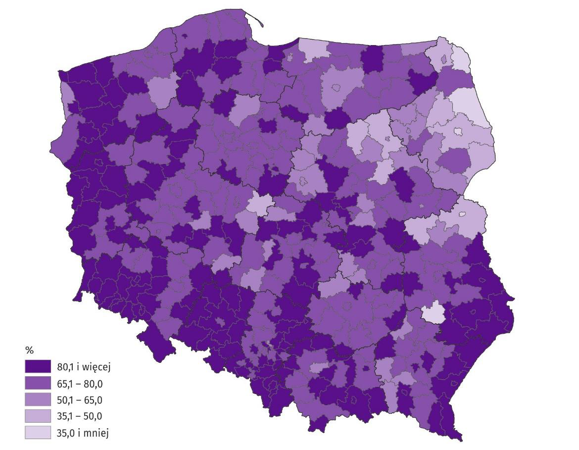 Mapa 2. Udział obywateli Ukrainy w ogólnej liczbie cudzoziemców wykonujących pracę w powiatach