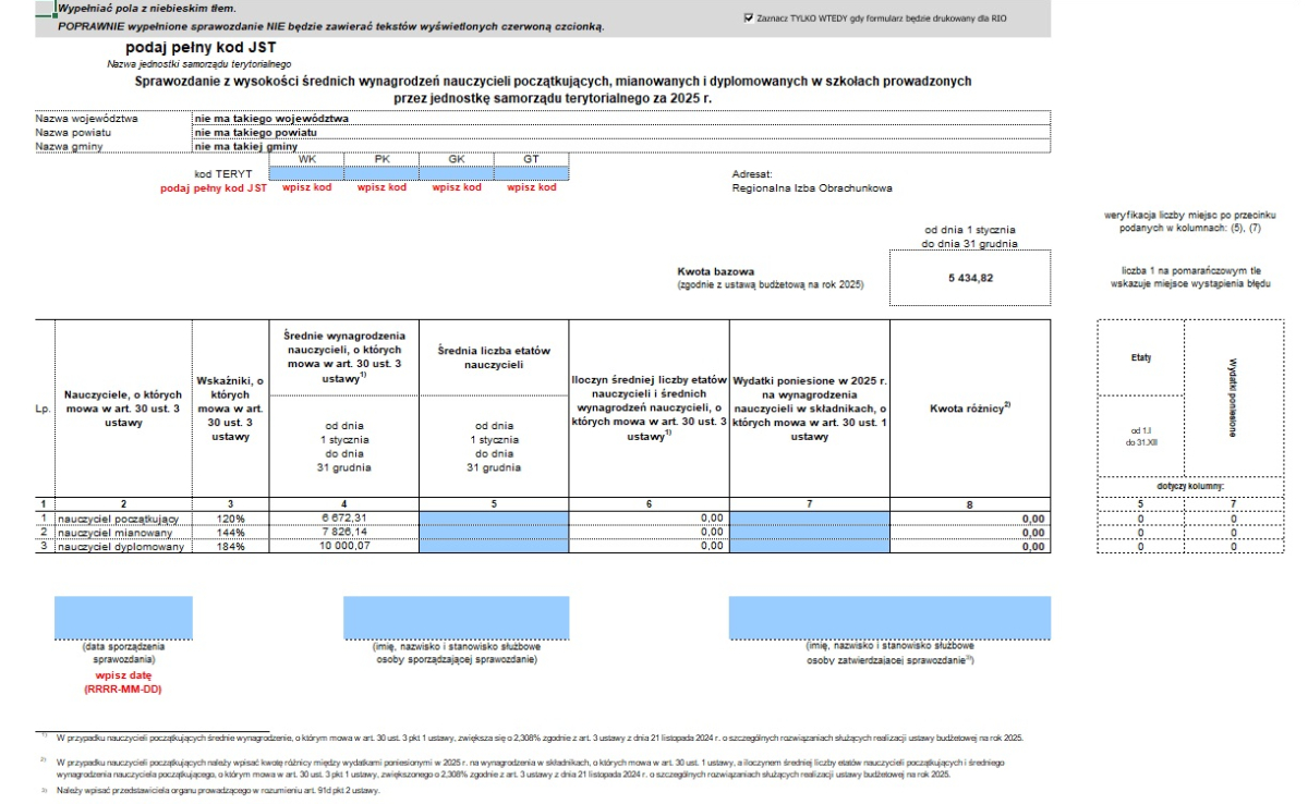 wzór formularz sprawozdanie z wysokości średnich wynagrodzeń nauczycieli 2025
