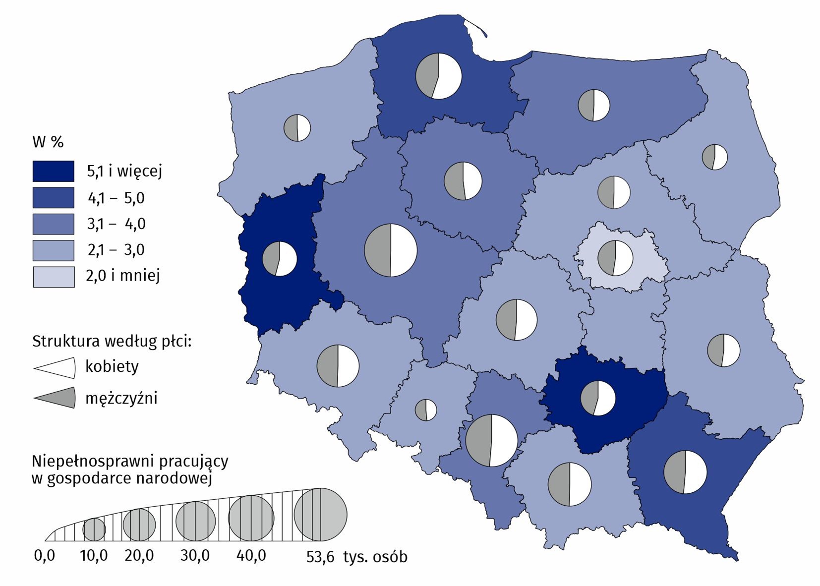 Mapa 1 Udział niepełnosprawnych pracujących w ogólnej liczbie pracujacych w gospodarce narodowej według miejsca zamieszkania w 2023 r.