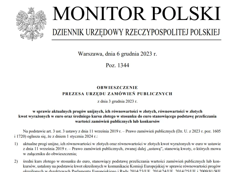 Zamówienia publiczne 2024 - nowe progi unijne i nowy średni kurs złotego do euro - obwieszczenie Prezesa Urzędu Zamówień Publicznych