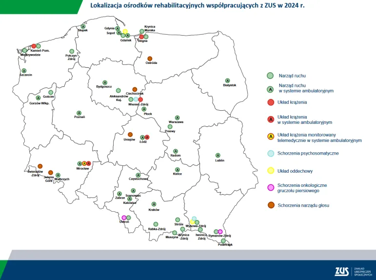 Mapa sanatoriów (ośrodków rehabilitacyjnych) współpracujących z ZUS w 2024 roku