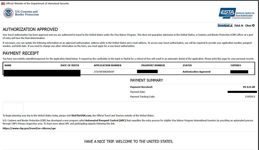 Informacja ze strony rządowej o pozwoleniu na podróż do USA oraz potwierdzenie uiszczenia opłaty z wyszczególnioną kwotą 21 dolarów.jpg