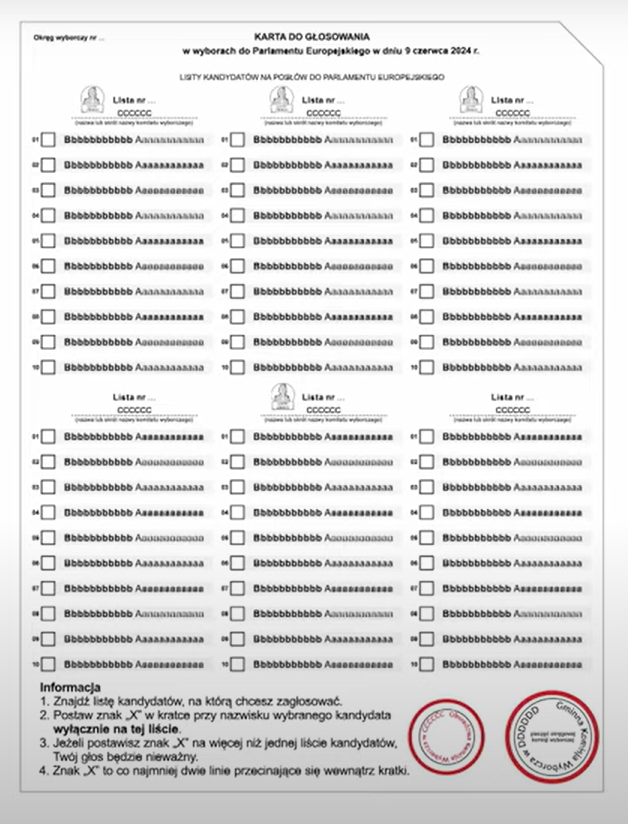 Karta do głosowania - wybory do Parlamentu Europejskiego w 2024 roku. Źródło: Państwowa Komisja Wyborcza
