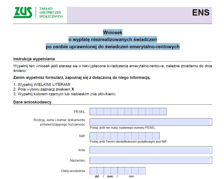 Druk ENS: Wniosek o wypłatę niezrealizowanych świadczeń po osobie uprawnionej do świadczeń emerytalno-rentowych