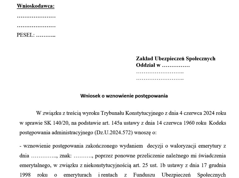 Co zrobić, aby ZUS podwyższył emeryturę po wyroku TK z 4 czerwca 2024 roku? Wzór wniosku do ZUS i odpowiedzi na pytania emerytów