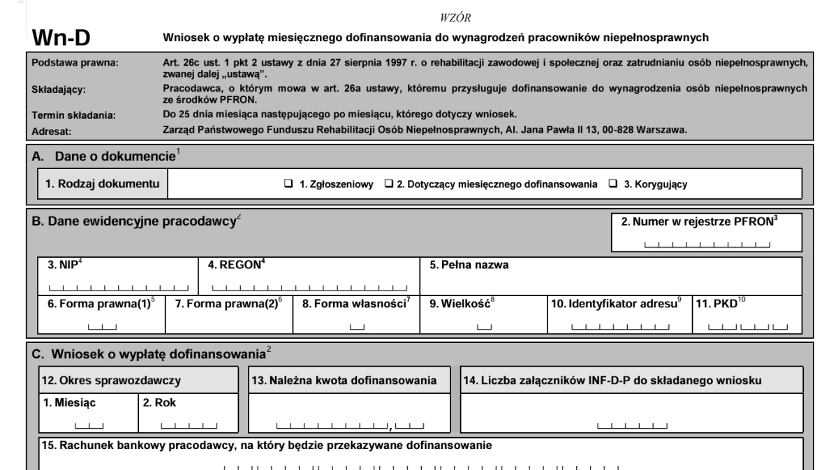 Wn-D Wniosek o wypłatę miesięcznego dofinansowania do wynagrodzeń pracowników niepełnosprawnych