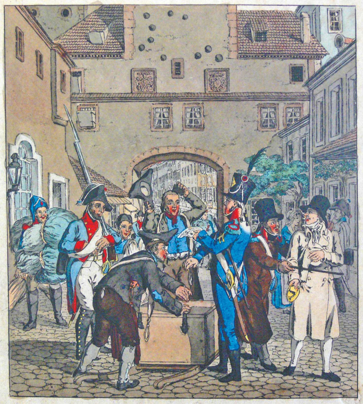 „Francuscy żołnierze przeszukują pakunki w Lipsku”, ilustracja Gottfrieda Heinricha Geißlera z 1824 r.