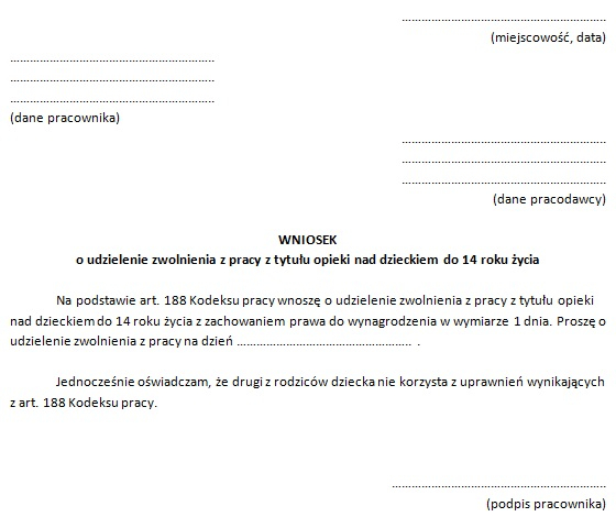Wniosek o udzielenie zwolnienia na opiekę nad dzieckiem do 14 roku życia - wzór. Opieka nad zdrowym dzieckiem w 2020 r. 2 dni lub 16 godzin.