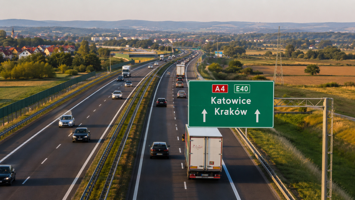 Samochody osobowe i ciężarowe jadą autostradą A4 w słoneczny dzień. Nad jezdnią widoczna jest zielona tablica drogowa wskazująca kierunek na Katowice i Kraków. Trasa przebiega przez tereny podmiejskie i rolnicze, otoczone polami oraz zabudową w oddali.