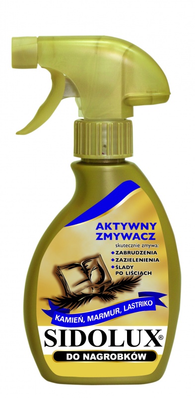 Aktywny zmywacz do nagrobków    Produkt skutecznie usuwa nawet bardzo trudne i uporczywe zabrudzenia, z powierzchni nagrobków wykonanych z lastrika, kamienia i marmuru. To płyn bazujący na aktywnej formule , skutecznie zmywający nawet silne zabrudzenia, zazielenienia, ślady po liściach oraz ptasich odchodach z wszystkich powierzchni.. Środek dzięki ergonomicznej butelce i rozpylaczowi jest bardzo wygodny w użyciu. Z jego aplikacją poradzą sobie bez problemu nawet osoby starsze. Uwaga – płyn może powodować odbarwienie kolorowych elementów podatnych na działanie chloru.    Pojemność: 250 ml  Cena: 6,98 zł.  