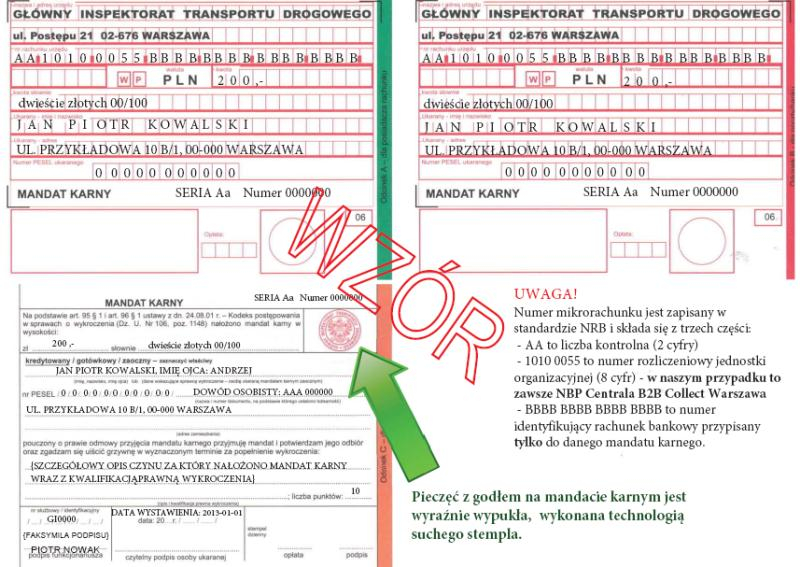 Wzór autentycznego mandatu ITD.