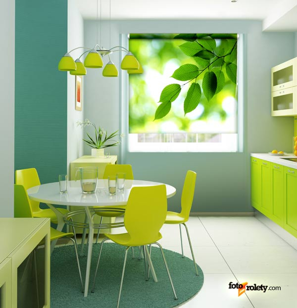 Fotoroleta z zielonymi liśćmi w kuchni. Fot. www.fotorolety.com