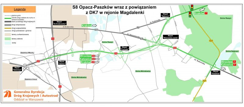 Kierowcy mogą już w pełni korzystać z odcinka trasy ekspresowej S8 pomiędzy węzłami Opacz i Paszków. Zakończono też budowę łącznika do DK7 w Magdalence.