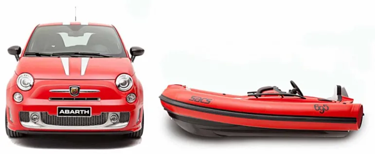 SACS – Abarth 695 Tributo Ferrari to połączenie sportowego charakteru, jaki reprezentuje marka Ferrari, należąca do koncernu Fiata oraz Abarth z bardzo wysoką jakością produktów firmy SACS, lidera wśród firm produkujących szybkie łodzie pontonowe fot. Fiat