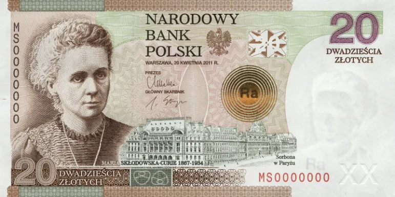 Awers banknotu 20-złotowego przedstawia wizerunek Marii Skłodowskiej-Curie na tle uniwersytetu w Sorbonie. 