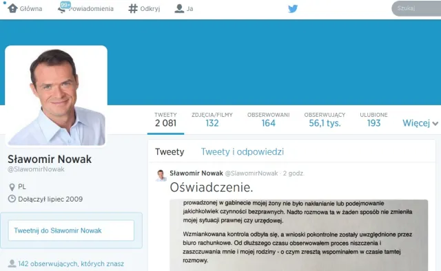 Oświadczenie Nowaka: Obserwowałem proces niszczenia mnie i mojej rodziny