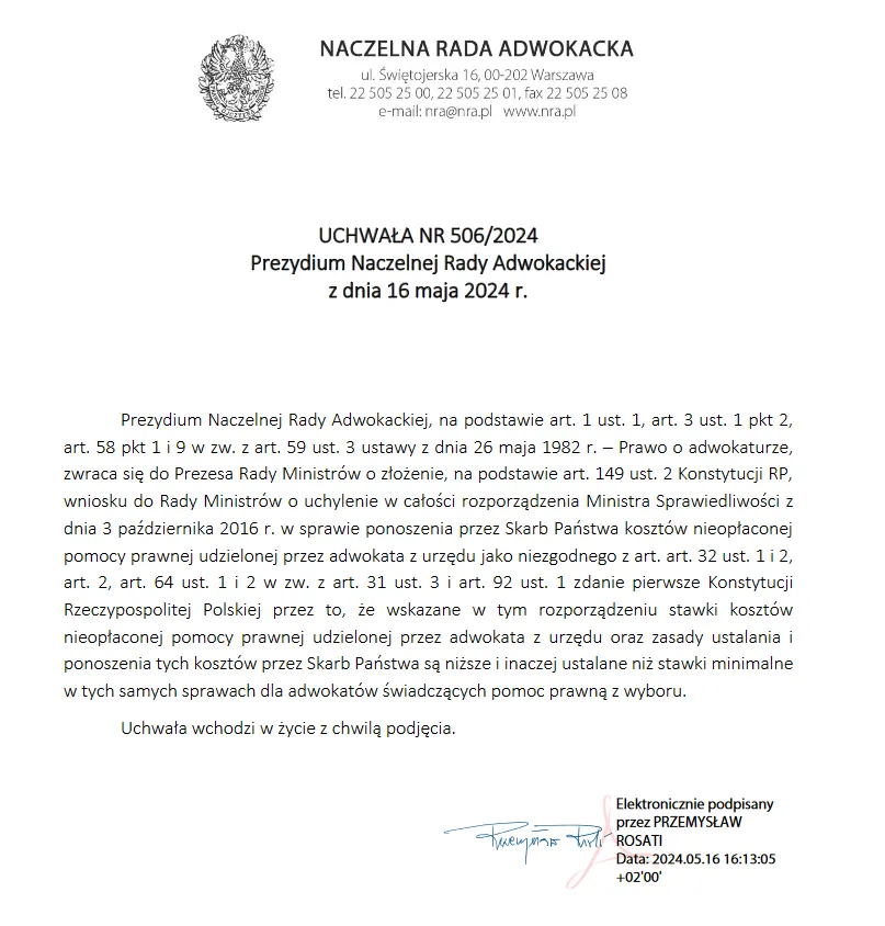 UCHWAŁA NR 506/2024 Prezydium Naczelnej Rady Adwokackiej z dnia 16 maja 2024 r.