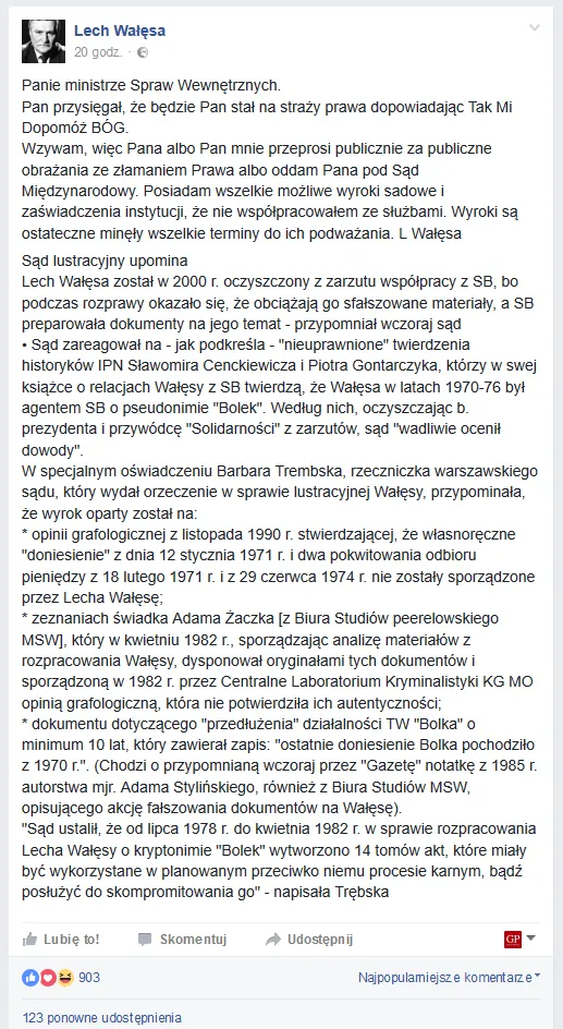 Wałęsa do Andrzeja Dudy: "Albo Pan mnie przeprosi, albo oddam Pana pod Sąd"