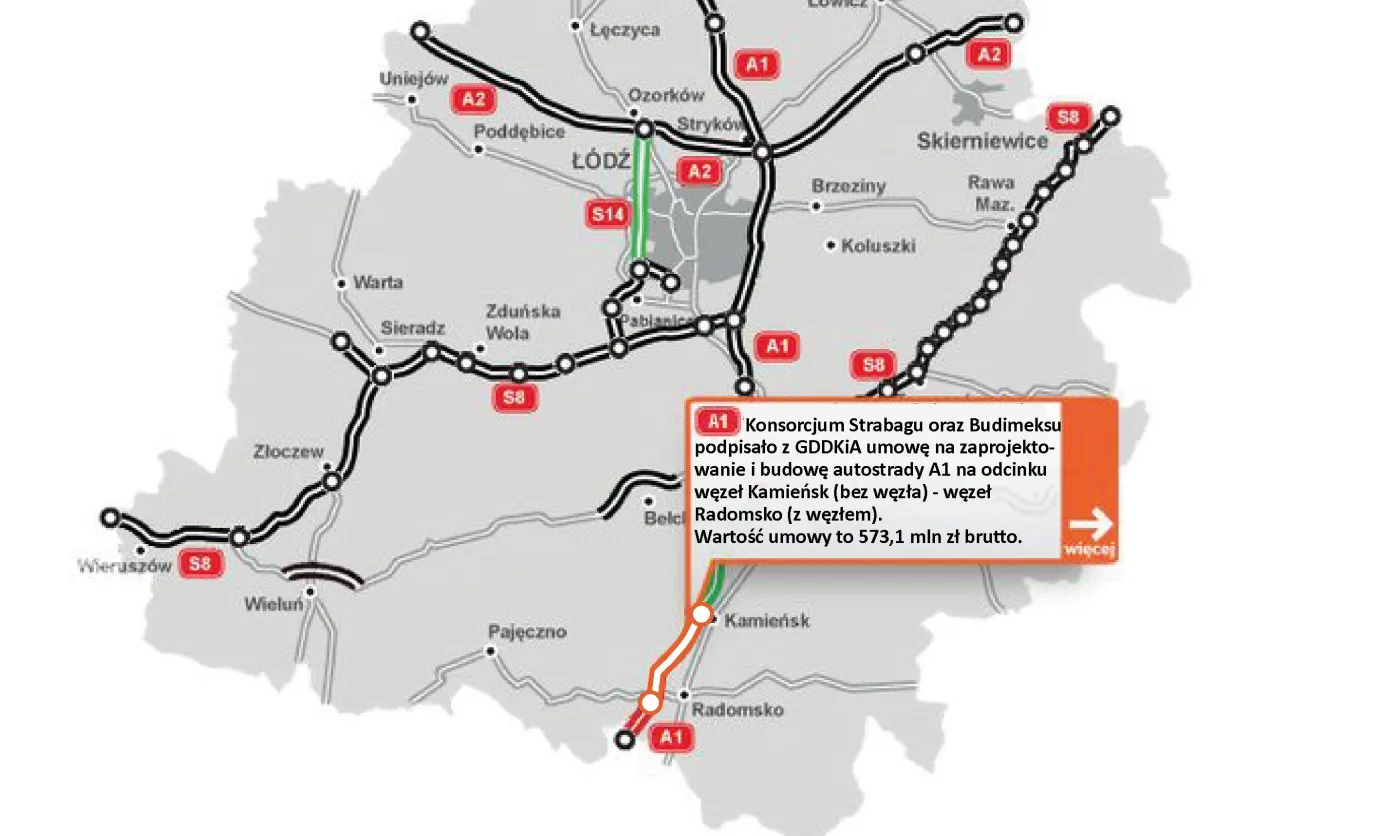 Strabag i Budimex mają umowę na odcinek A1 w woj. łódzkim za 573 mln zł