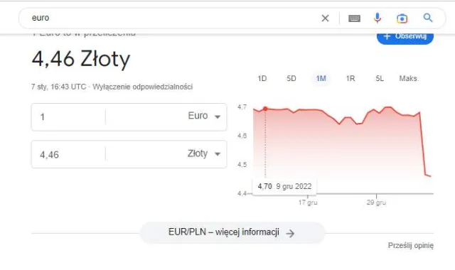 Google mówi: Euro po 4,46 zł! Co tu się wydarzyło?