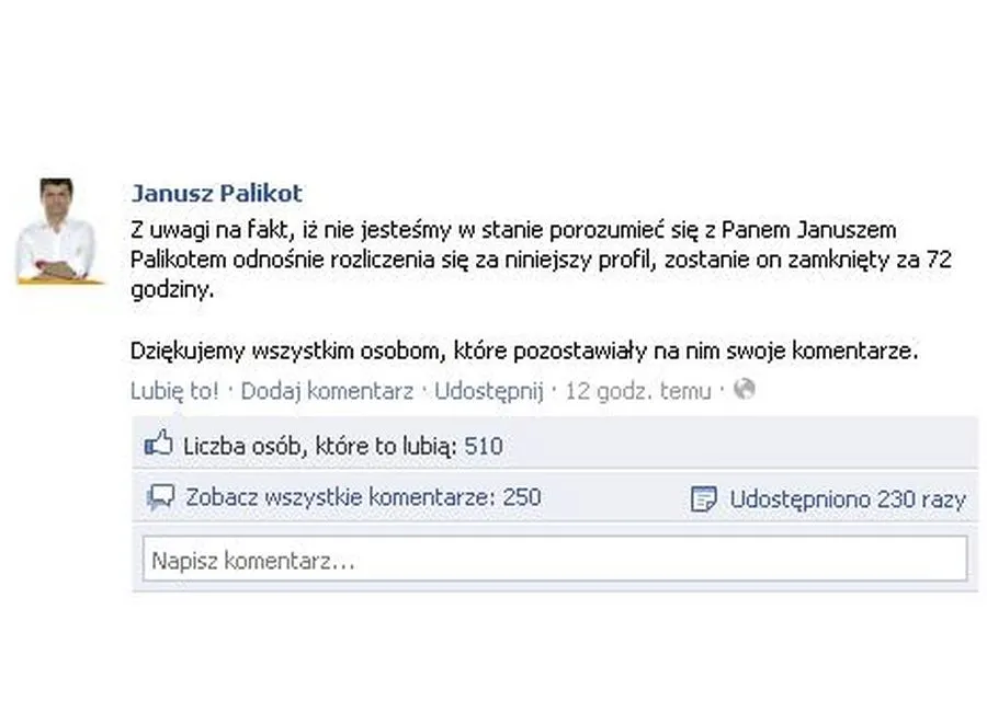  Wpis, jaki pojawił się na profilu Janusza Palikota na Facebooku