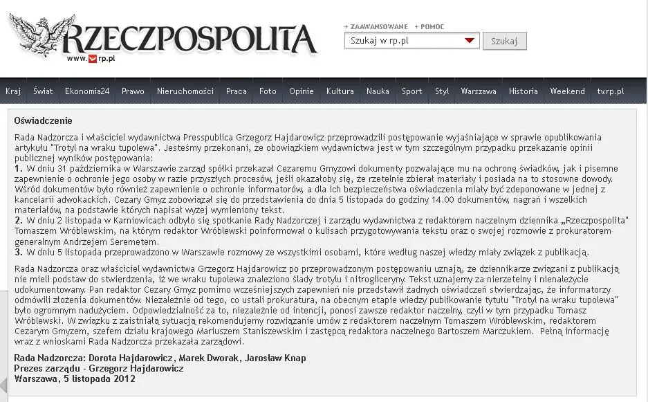 Oświadczenie władz Presspubliki