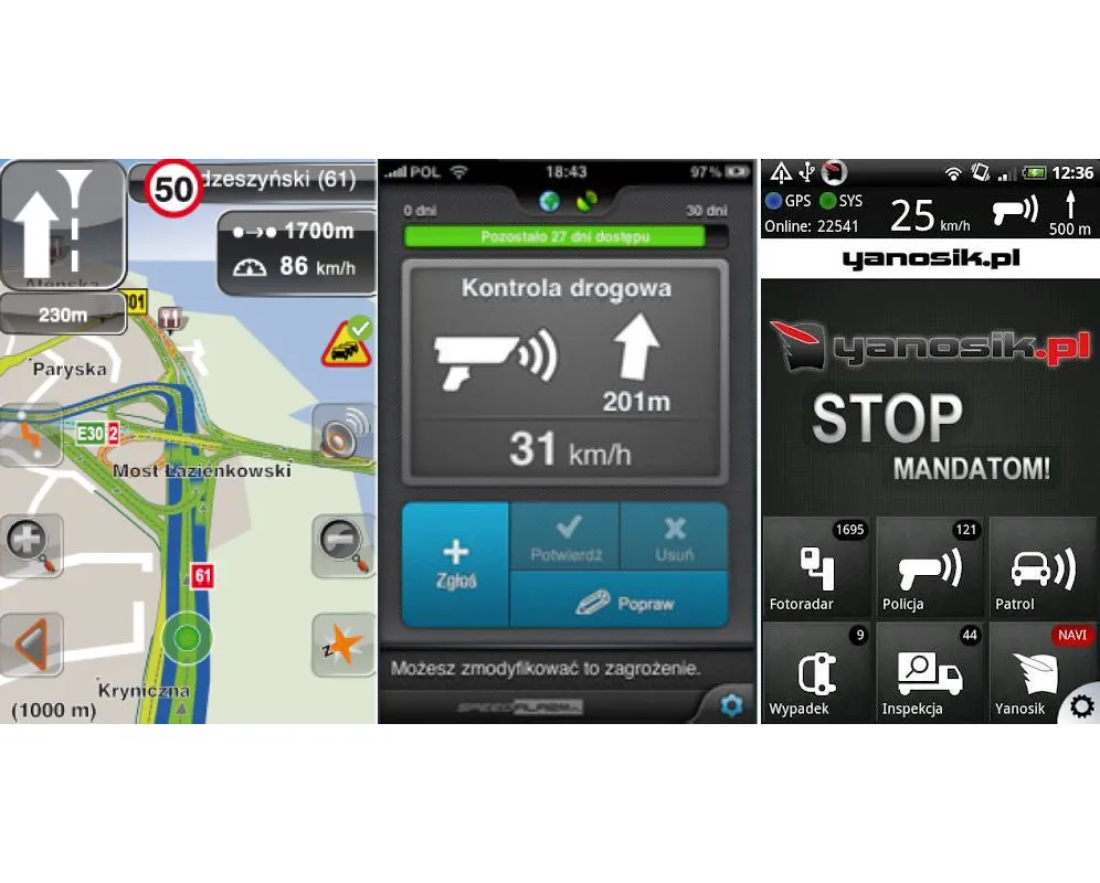 Aplikacje mobilne - Navi Expert, Speed Alarm i Yanosik 