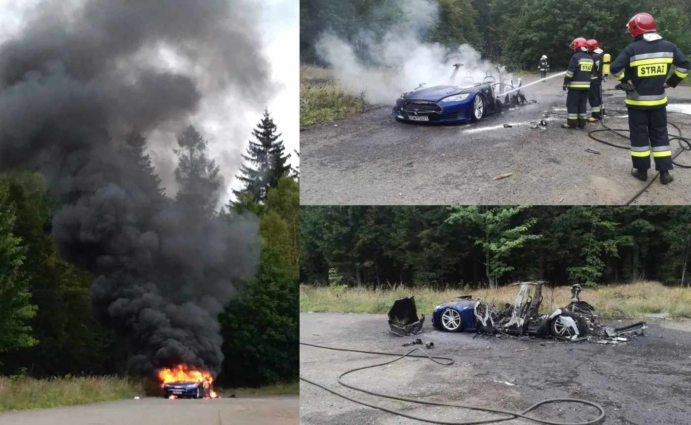 Tesla stanęła w płomieniach na parkingu w Polsce. Strażacy do gaszenia pożaru użyli specjalnego proszku [FOTO]