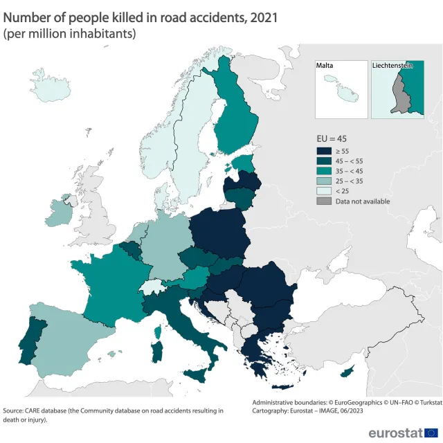 Wskaźniki śmiertelności na drogach w krajach UE. Gdzie najwięcej osób traci życie w wypadkach? [MAPA]