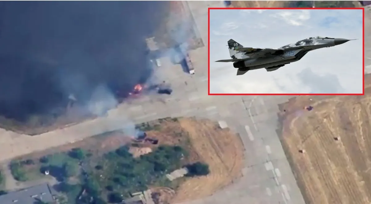 Płonący MiG-29 na lotnisku w obwodzie mikołajowskim