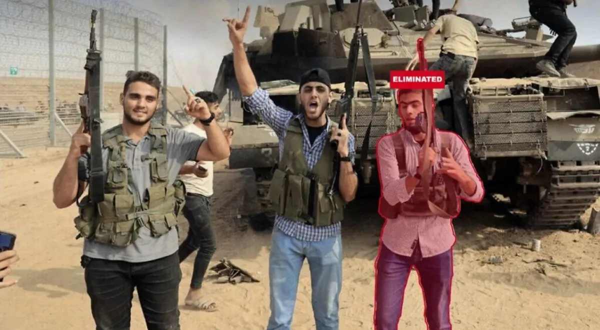 Terrorysta Hamasu Abd ar-Rahman Maher Abd al-Karim Zijada obok izraelskiego czołgu podczas ataku 7 października 2023 r. Izraelska armia opublikowała zdjęcie w czerwcu 2026 r., informując o jego śmierci