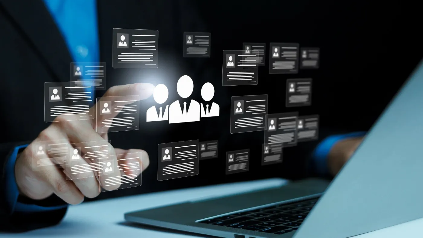 Businessman,Selecting,Digital,Customer,Profiles,On,Virtual,Interface,,Human,Resources