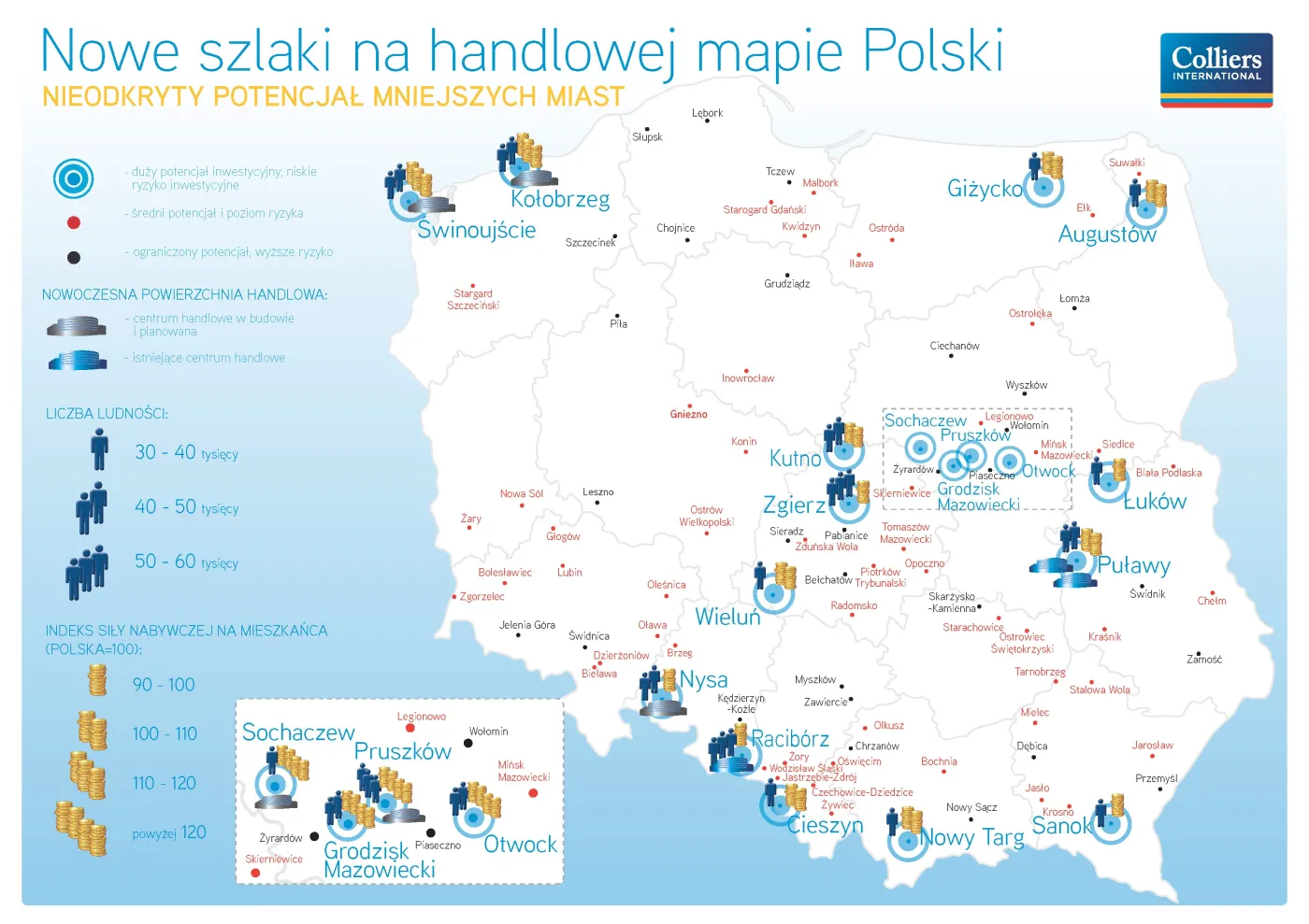 Mapa Polski z miastami o największym potencjale handlowym