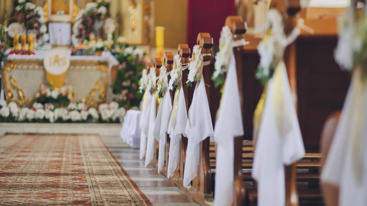 Lida,,Belarus,-,June,15,,2021:,Wooden,Church,Benches,Decorated