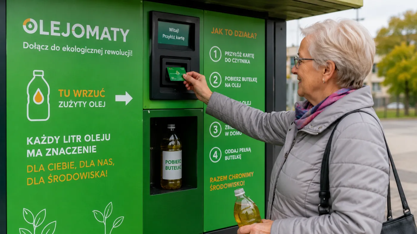 Senior korzysta z olejomatu, oddając zużyty olej spożywczy do recyklingu przy użyciu specjalnej karty zamiast aplikacji mobilnej.
