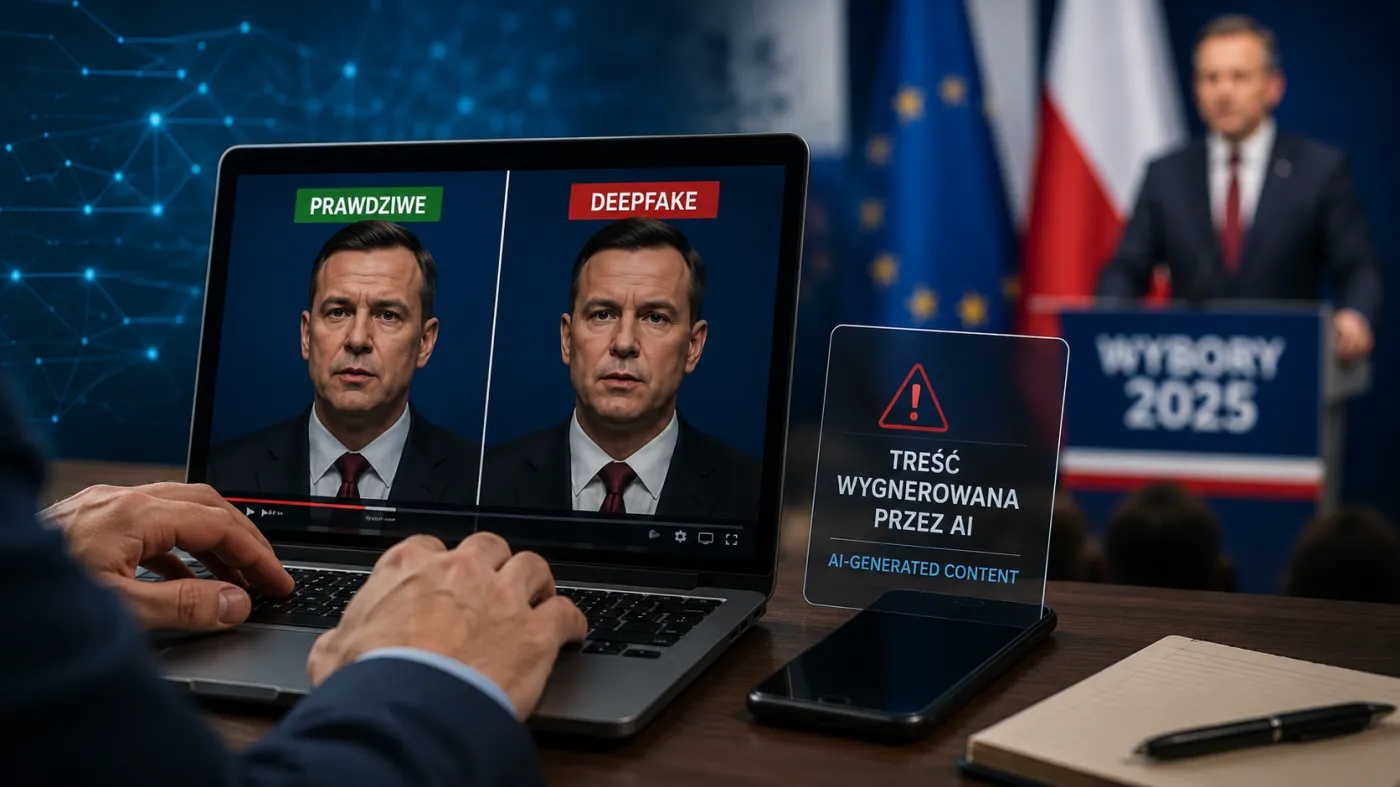 Ekran laptopa z porównaniem prawdziwego nagrania i deepfake’u polityka podczas kampanii wyborczej, z oznaczeniem treści wygenerowanej przez sztuczną inteligencję.  ALT 3: