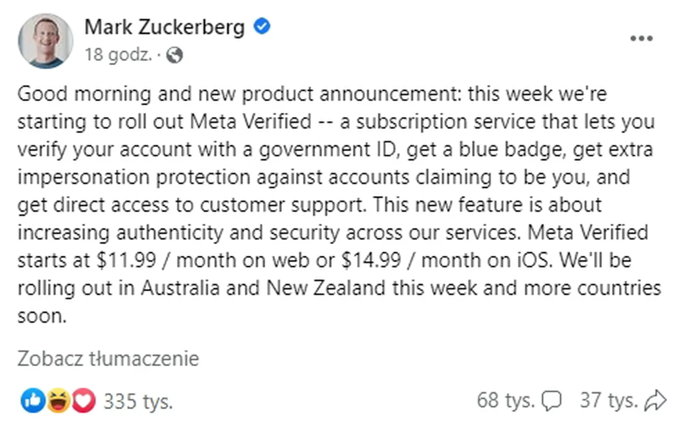 Wpis Marka Zuckerberga