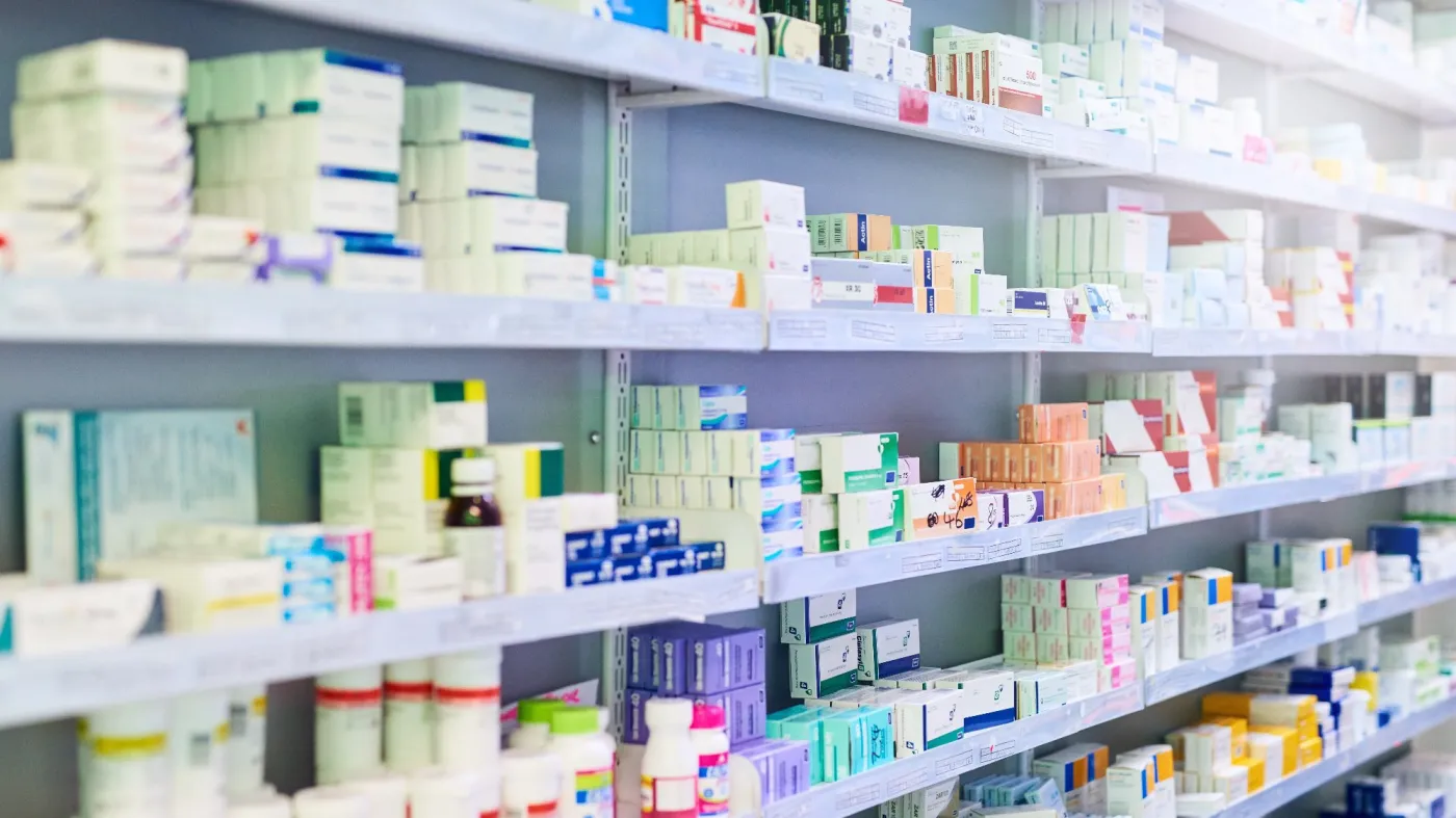 Pharmacy,,Shelf,And,Boxes,For,Product,,Empty,Or,Pharmaceutical,Stock