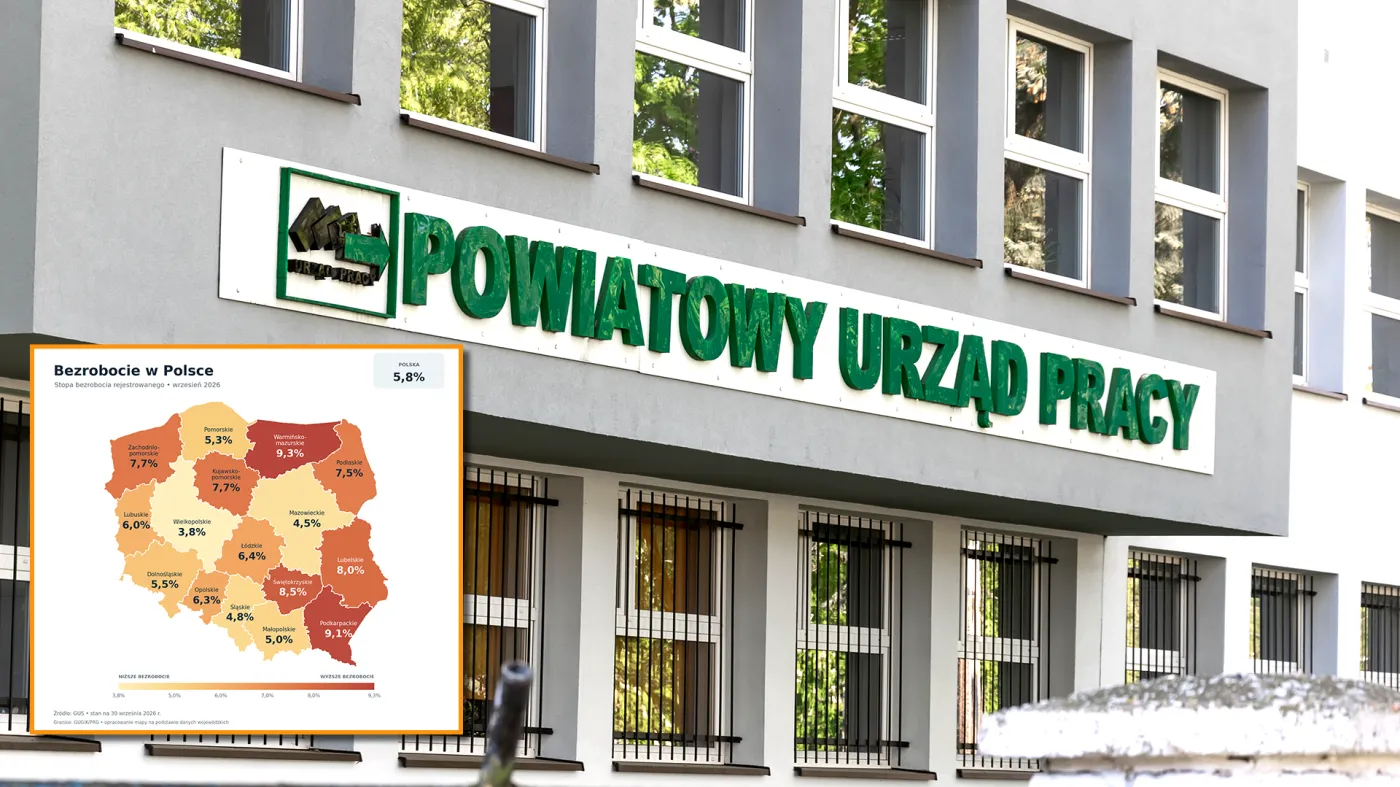 Budynek powiatowego urzędu pracy z nałożoną mapą bezrobocia rejestrowanego według województw.