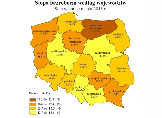Stopa bezrobocia według województw. Stan w końcu marca 2013 r., źródło: GUS