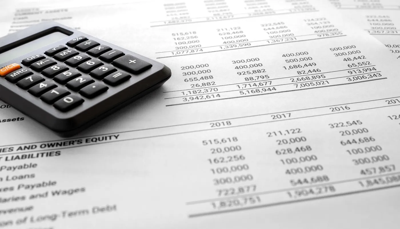 Financial,Statement,/,Balance,Sheet,Summary,Report,And,Calculator,,Pen,