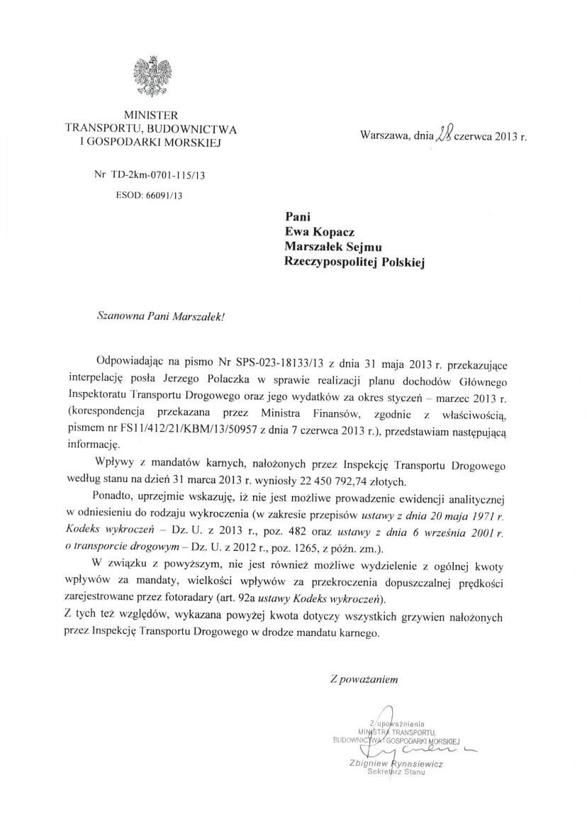 Pismo z ministerstwa transportu 