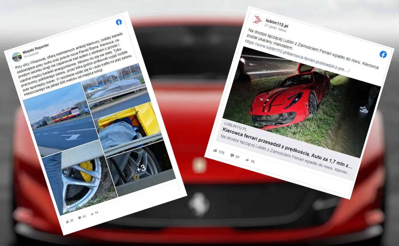 Dwa modele Ferrari rozbite w jeden weekend w Polsce. Jedno na barierkach, drugie w rowie